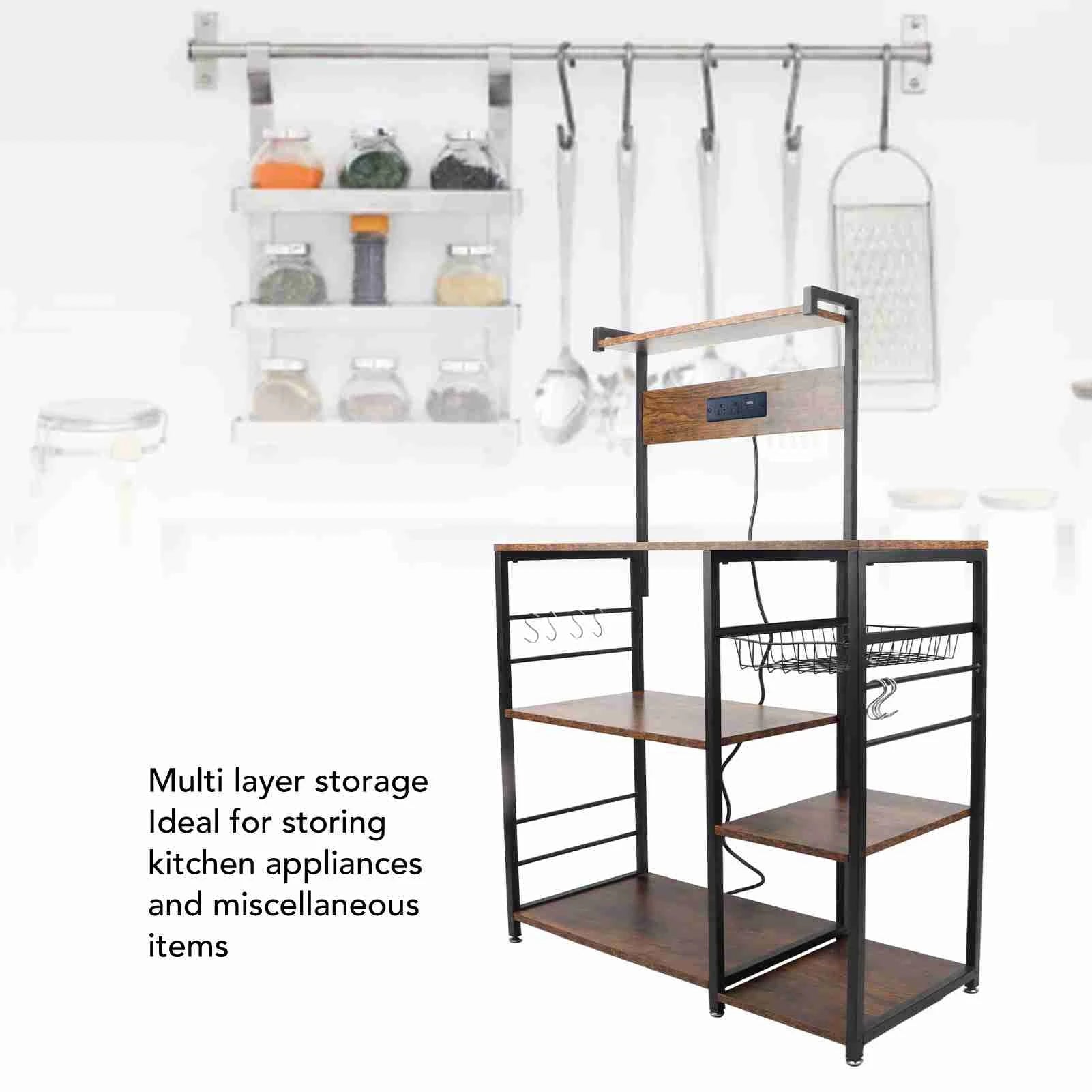 Kitchen bakers rack steel wood multi tier microwave oven stand rust resistant coffee bar station utility storage shelf