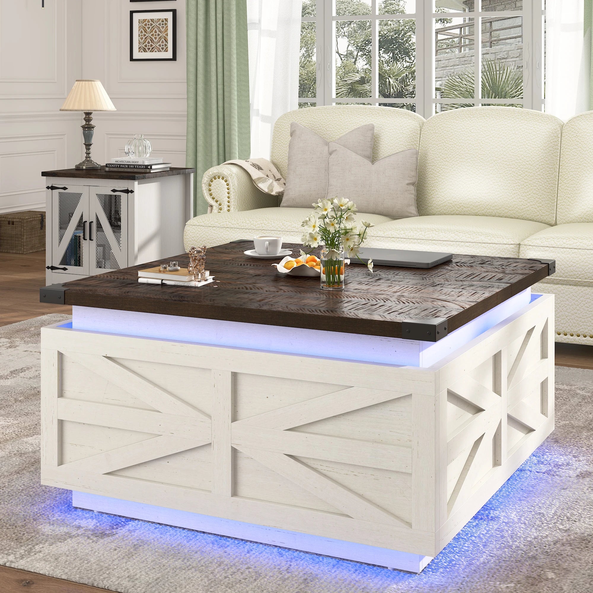 35.8’’ farmhouse lift top coffee table with storage square led lights wood center hidden - wtbr / united states