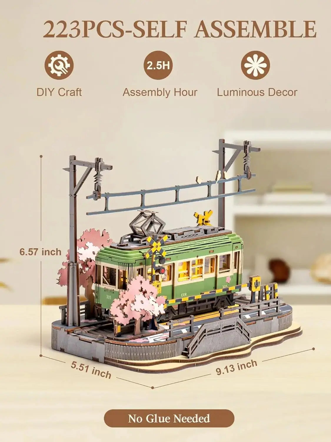 Robotime sakura journey tram 3d wooden puzzles model car kits building set creative gift stem toy for girls boys 223pcs