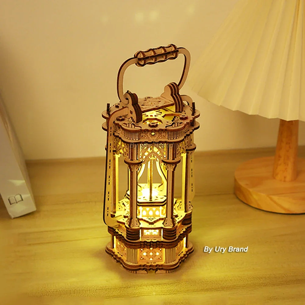 Ury 3d wooden puzzle lantern diy vintage light bedside lamp model assembly building kits desk decoration gift for teens