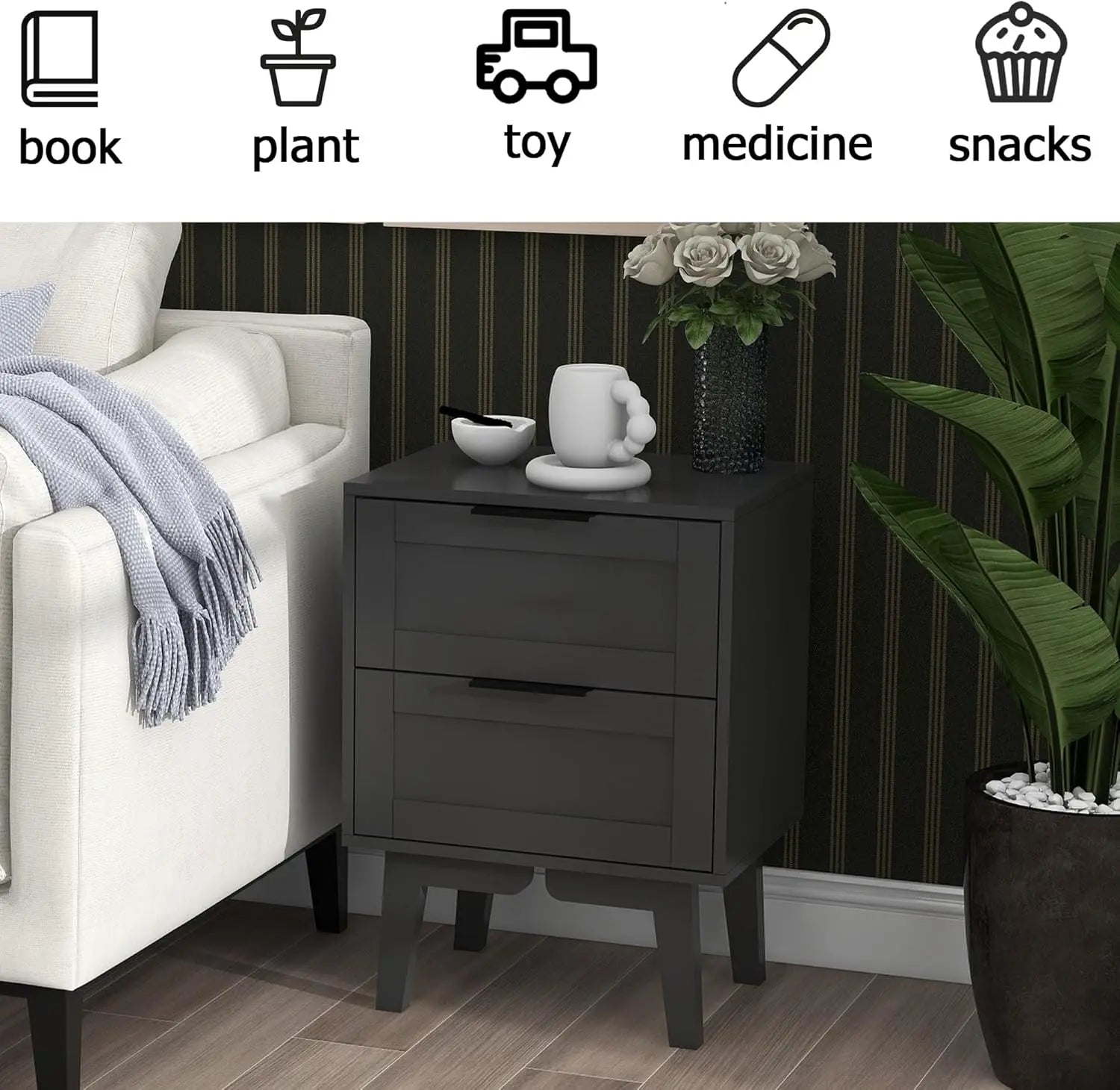 Modern black night stand with drawer mid century wooden nightstand bedside table end storage for bedroom 22 inch bed