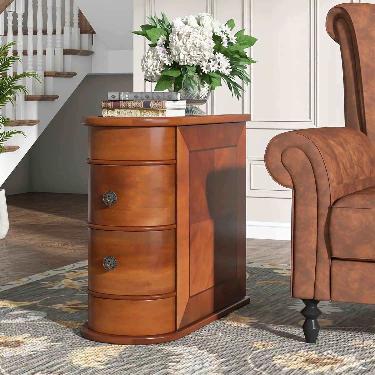 Wood end table set of 2 narrow solid side 2-drawer slim chair no assembly required finished back walnut - united states