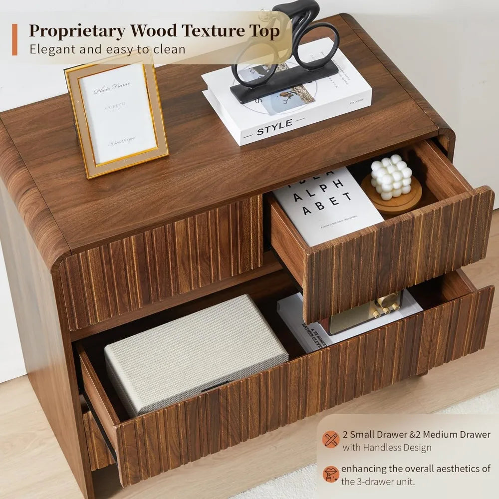 Flute 3 drawer dresser,31.5’’ wide dresser nightstand for bedroom,mid century modern wood chest of with curved