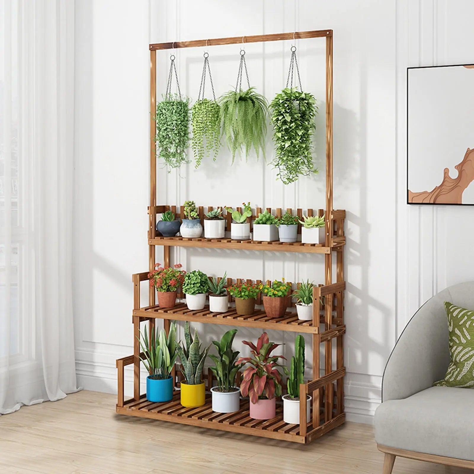 3-tier hanging wood plant stand planter shelves flower pot organizer rack multiple display holder shelf indoor outdoor
