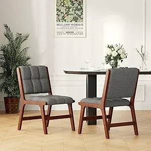 Oak wooden dining chairs set of 2 mid-century modern linen fabric upholstered kitchen chair farmhouse room