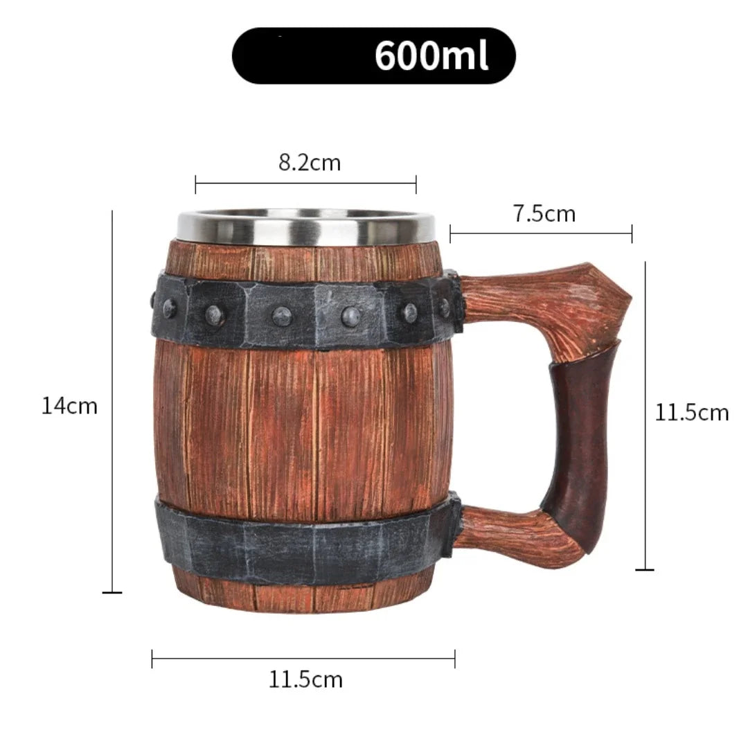 Viking wood style beer mug 3d resin stainless steel coffee cup wine glass metal double wall jug thermal - red / 600ml