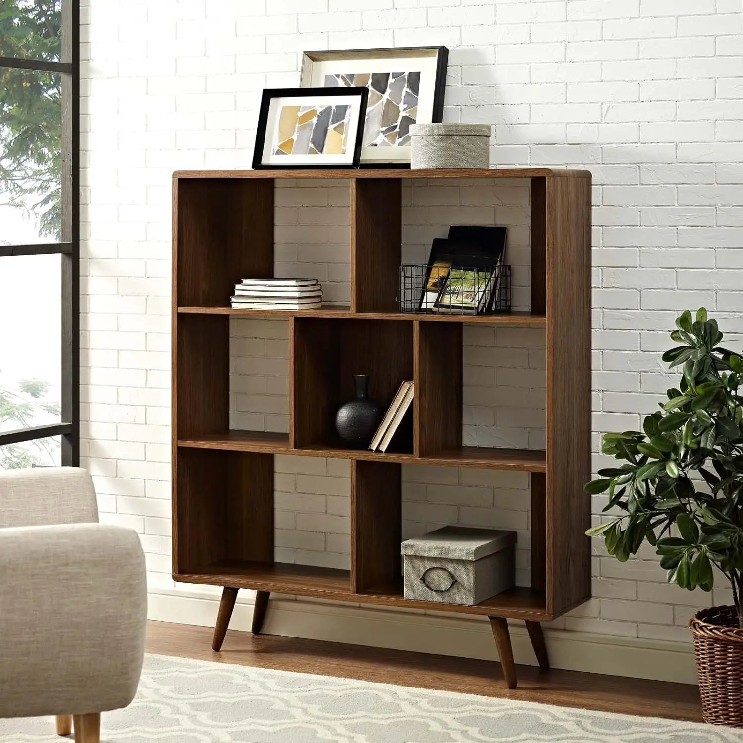 Transmit mid-century offset cube wood 7 tier bookcase in walnut - united states - bookshelf