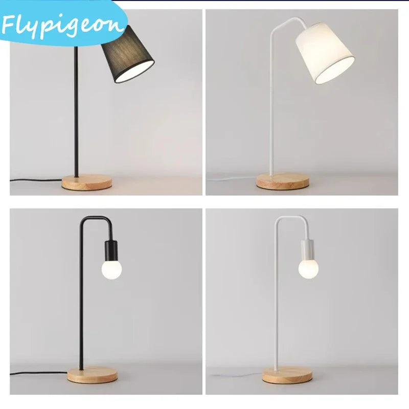 Nordic e27 led wooden desk lamps vintage black white iron table lights rod countryside style bedside reading lighting
