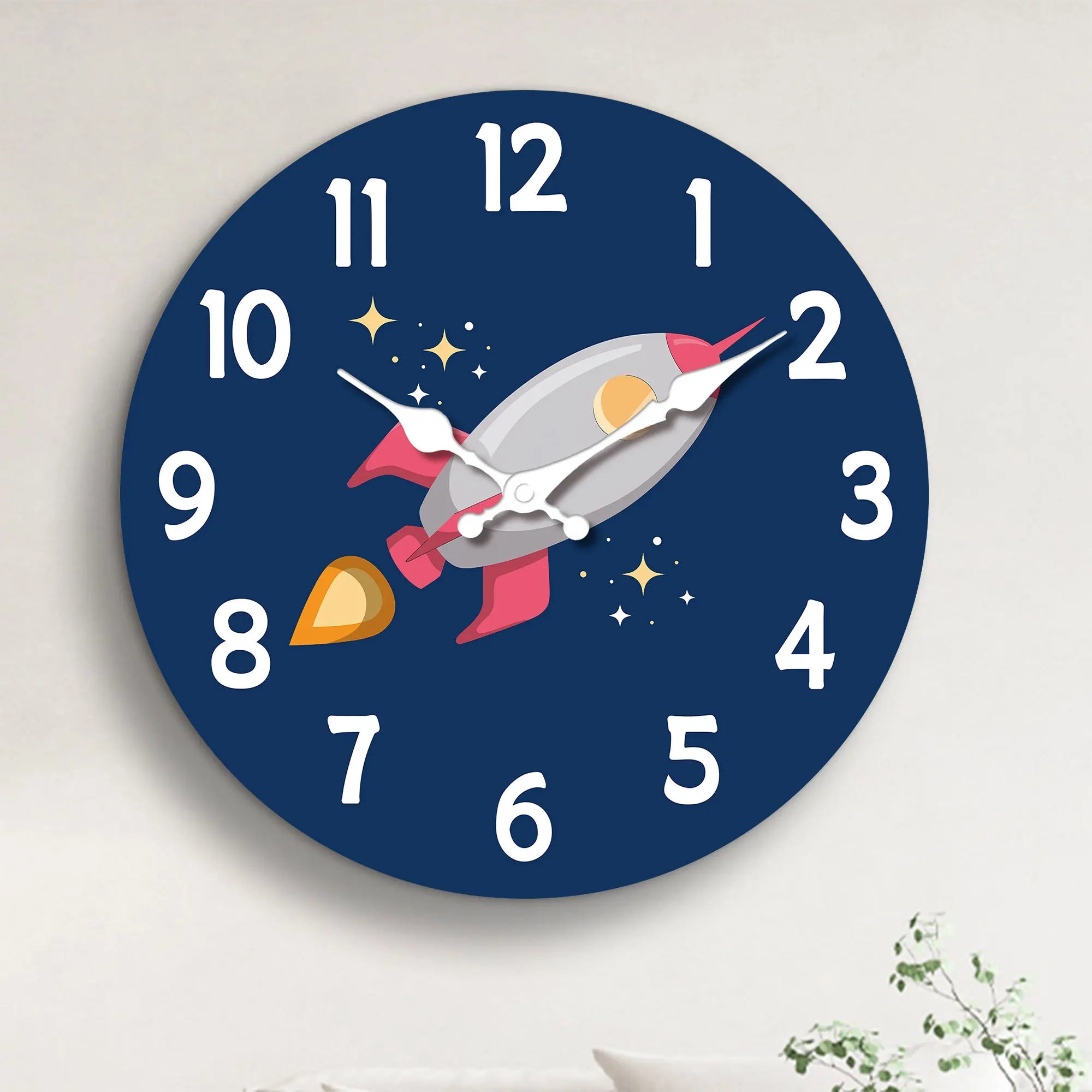 1pc 12 inch wooden wall clock space rocket design cartoon silent suitable for living room bedroom deco