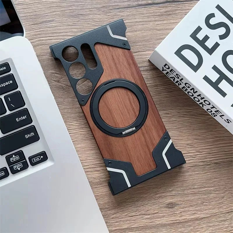 For samsung galaxy s23 s22 s24 s25 ultra walnut wood metal borderless armor case 360° rotating magnetic bracket