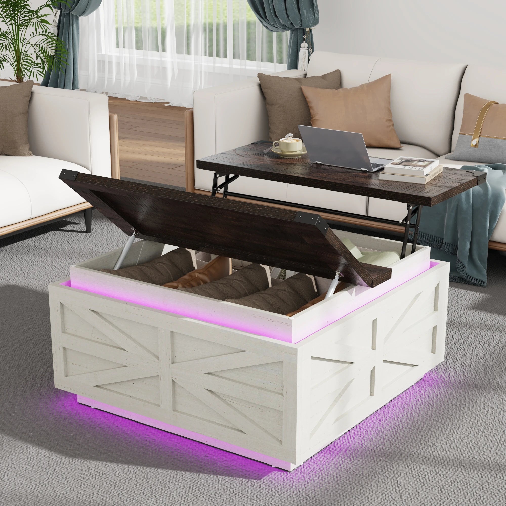 35.8’’ farmhouse lift top coffee table with storage square led lights wood center hidden - wtbr / united states