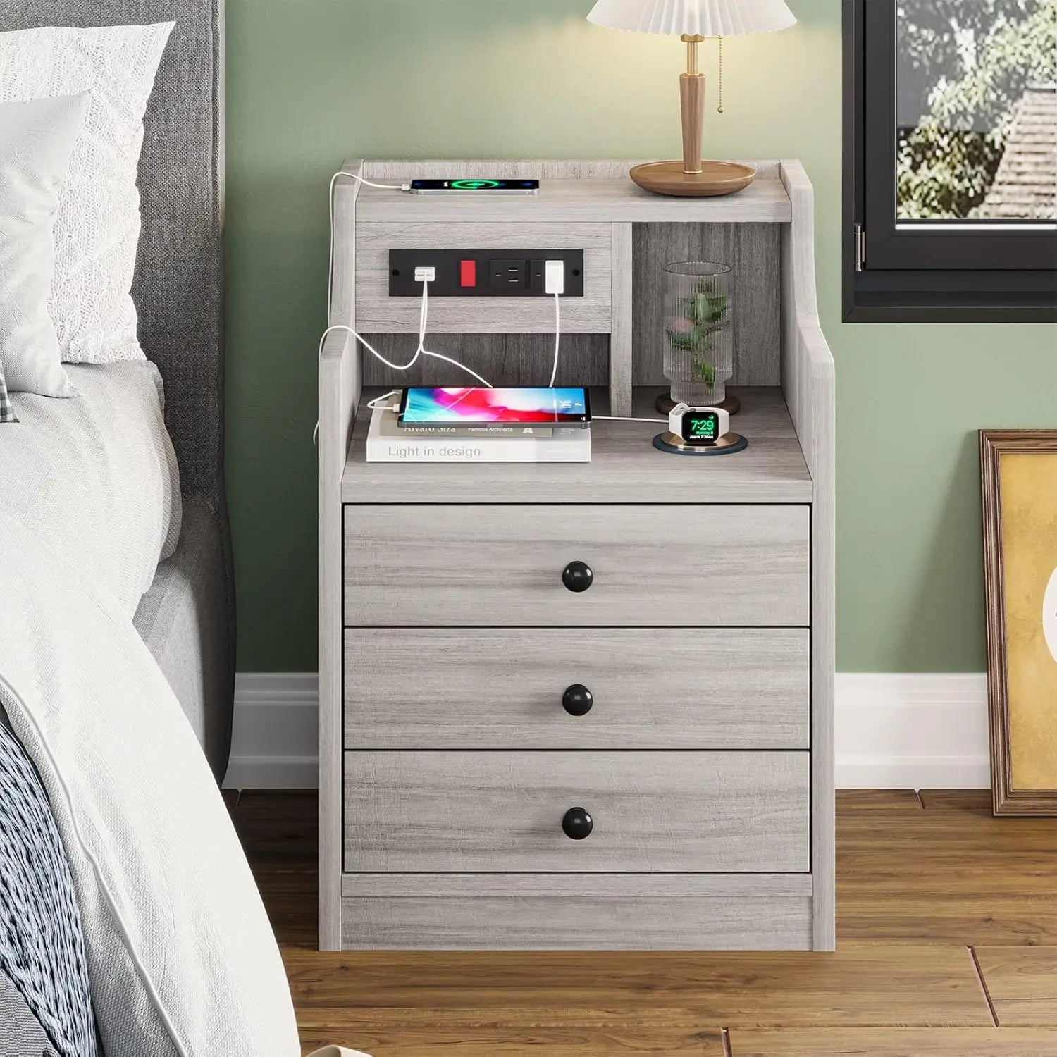 Nightstand with charging station night stand hutch & storage drawers end table side bedroom, - grey / united states