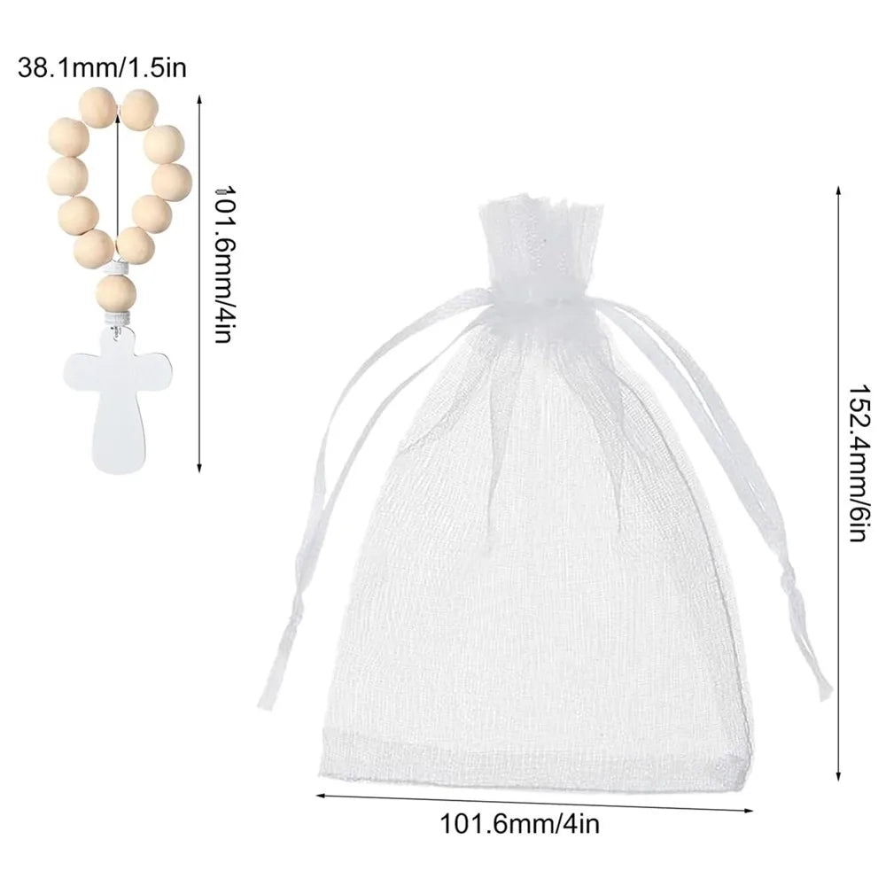 1/6/12pcs wooden rosary wood bulk catholic with crucifix cross pendant white mesh bags for baptism first communion
