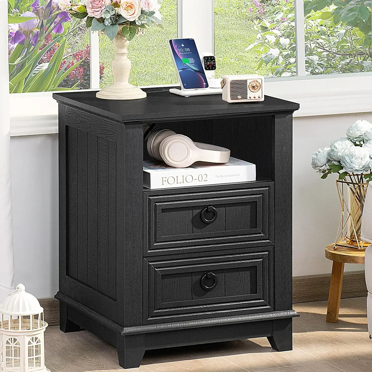 18’’ farmhouse night stand with charging station 2 drawers end table dresser for bedroom blue wooden nightstand bed