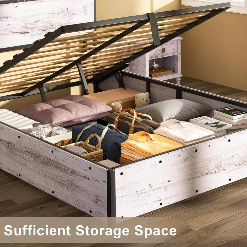 King size wooden bed frame with lift-up storage and charging station platform without spring box - united states