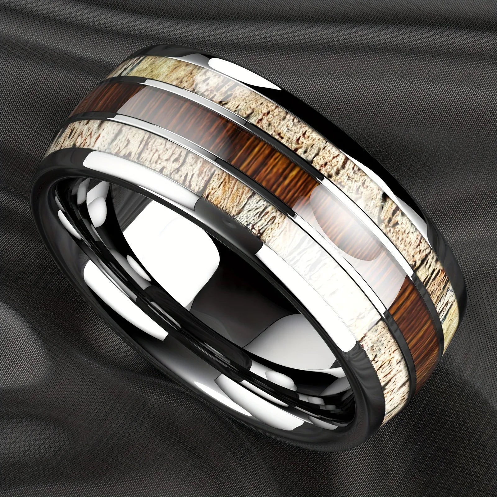 Fashion silver color men’s stainless steel rings koa wood deer antler inlay dome engagement for men women wedding