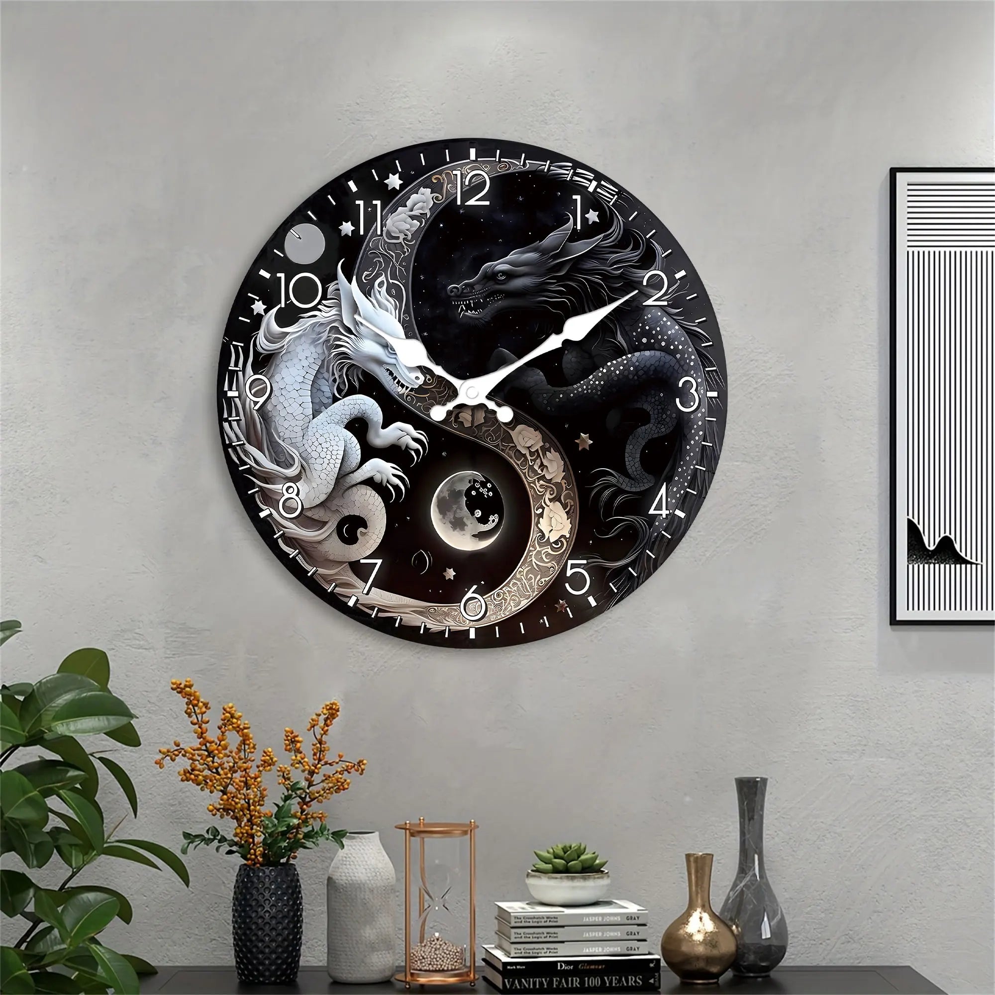 1pc round wooden wall clock oriental legend story black and white dragon design - silent non-ticking suitable