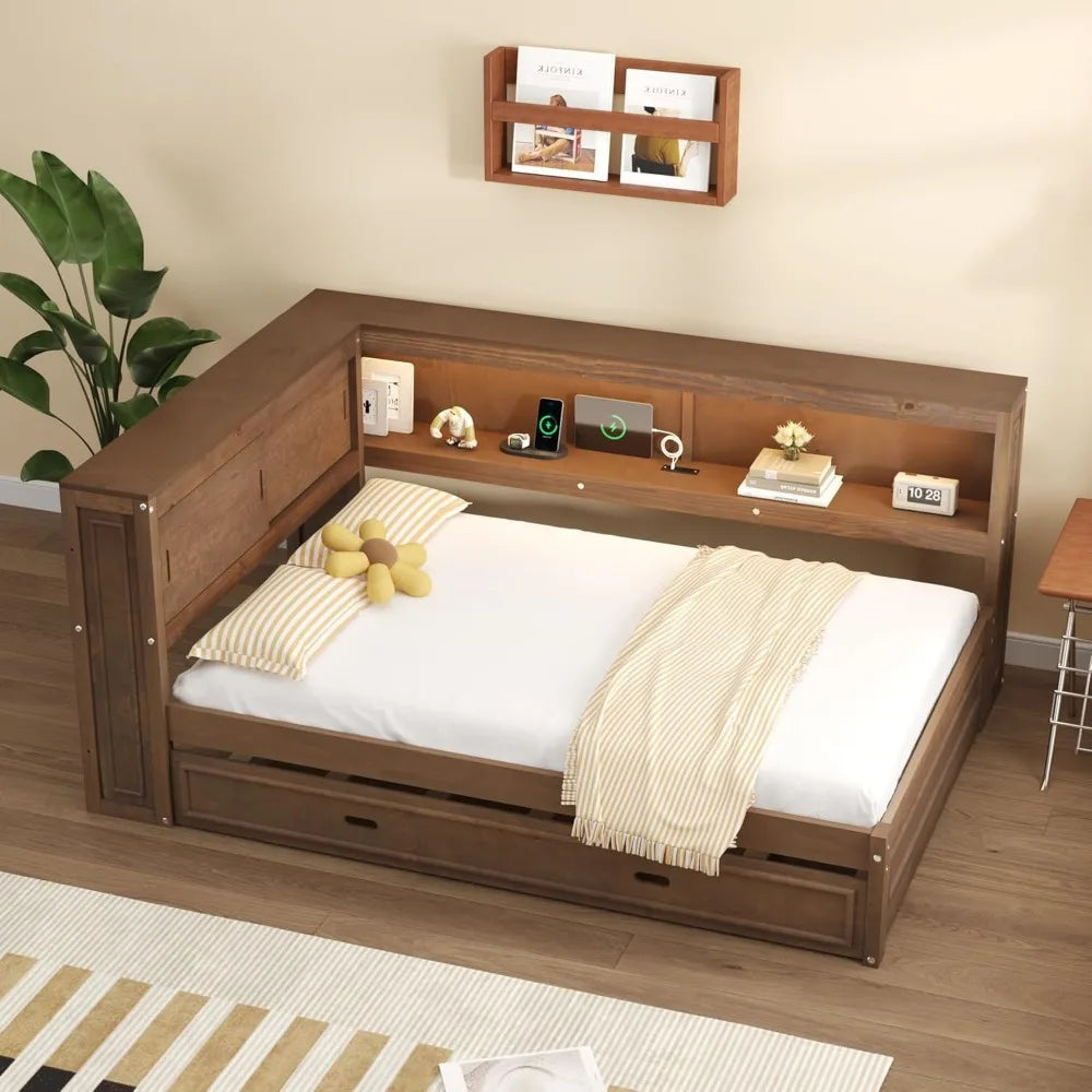 Harper & bright designs full size daybed with bookcase headboard and trundle wooden platform bed frame storage shelves