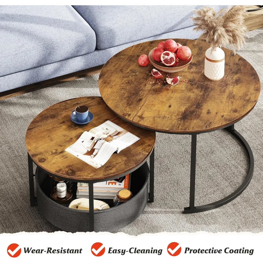 Round coffee table set of 2 31.5’’ nesting with storage industrial minimalist center metal frame - 31.5 rustic brown