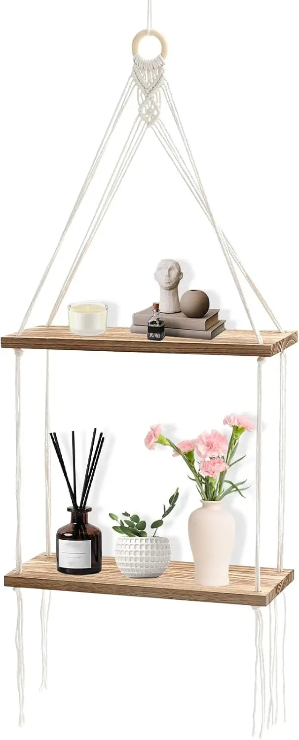 Macrame hanging shelf boho plant 2 tier wall decor wooden shelves cotton rope display photos pla - united states
