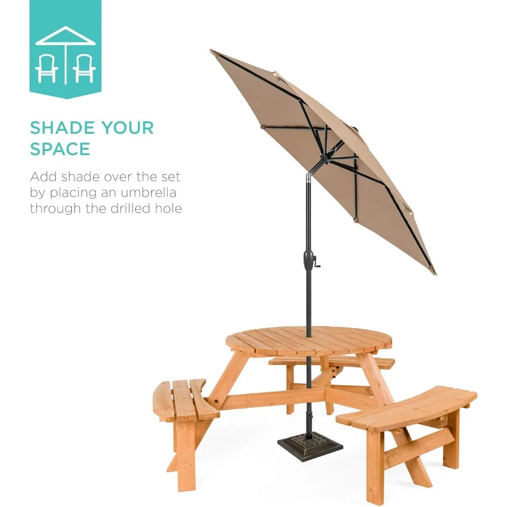 6-person circular wooden picnic table with built-in benches for outdoor patio backyard garden use - united states