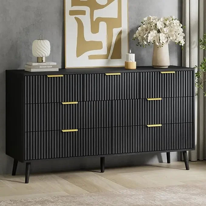 55’’ w fluted dresser for bedroom with 7 drawer modern chest of drawers metal handle & curved design wood tv stand