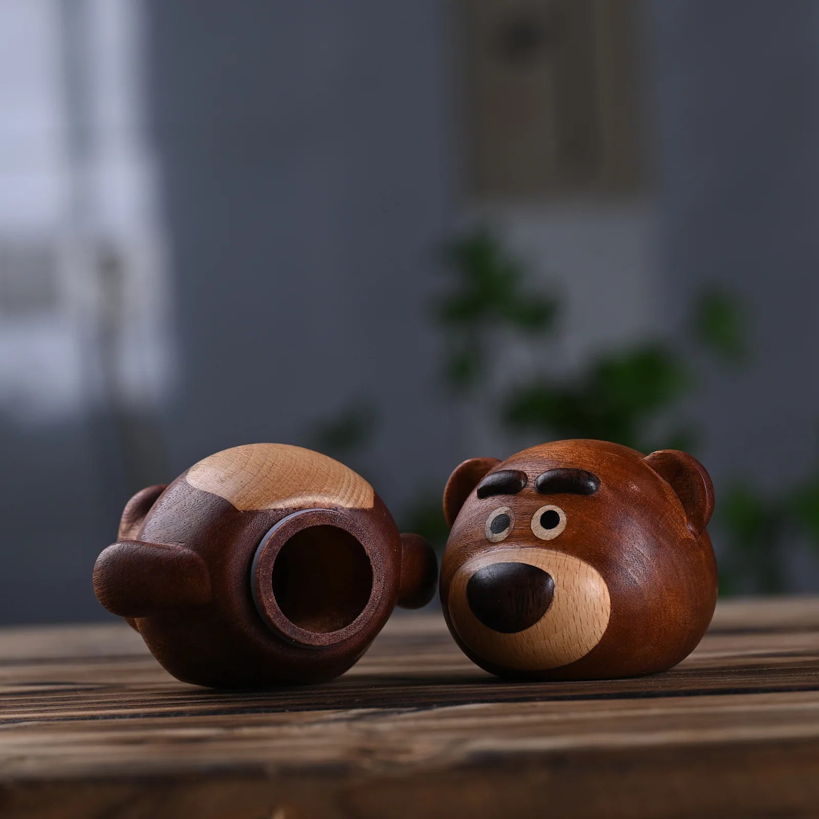 Miniature solid wood carving cute little bear statuette toothpick jar 4.13’’ wooden crafts table decoration