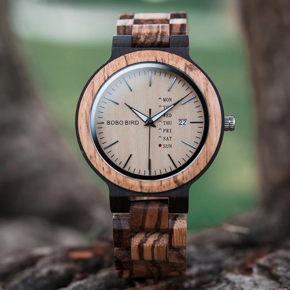 Men’s quartz watch simple fashion new couple wooden bobobird top brand timepieces week date display custom unique gift