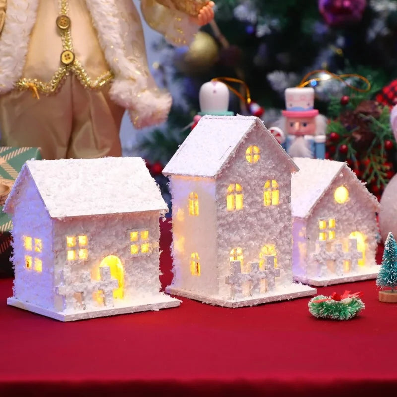 Led lighted christmas village houses xmas snow wooden winter building figurines holiday party decor - decorative