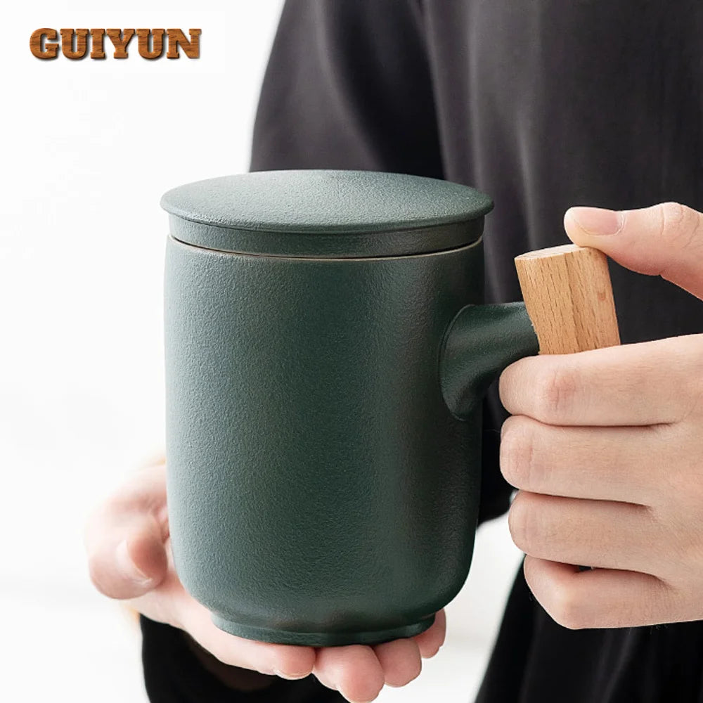380ml teacup mugs with dustproof lid tea filter heat resistant infuser coffee cup wooden handle personal mug