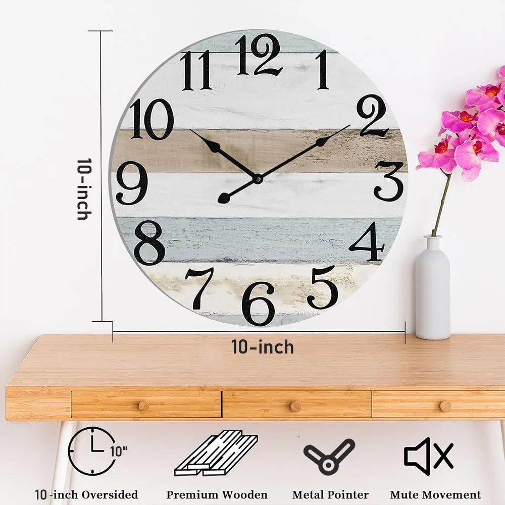 Wall clock 10 inch clockrustic clocks battery operated,silentnon ticking wooden coastal beach for living room bedroom