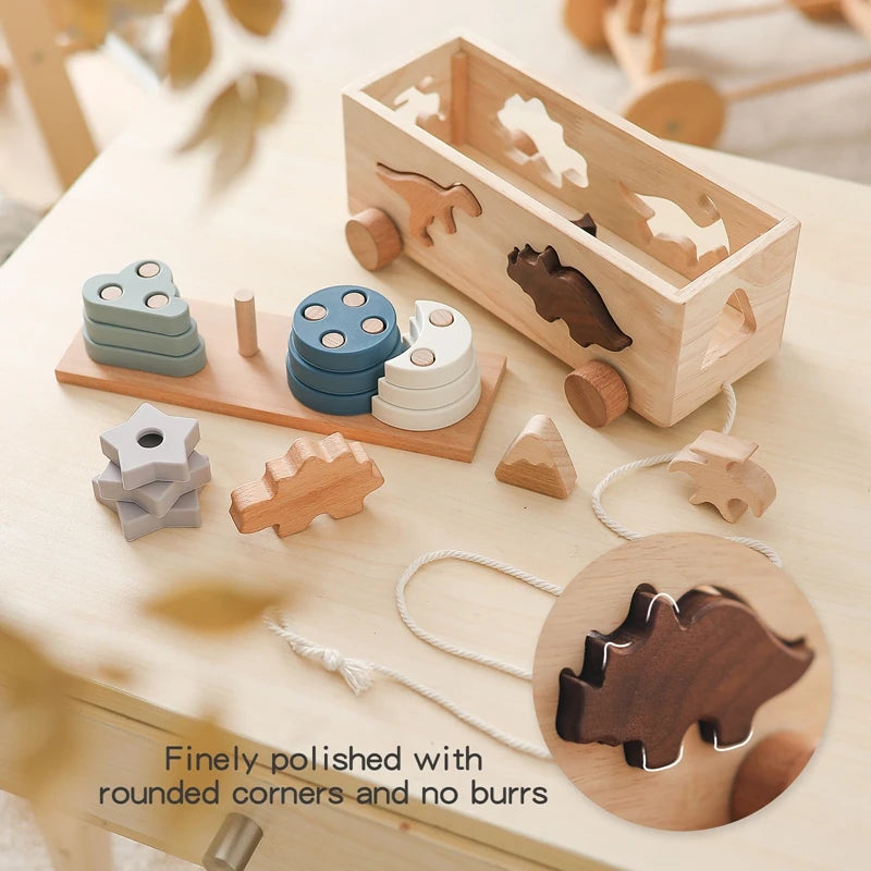 Kids wooden dinosaur intelligence car toys baby stacking multifunctional shape cognitive toy montessori education gift
