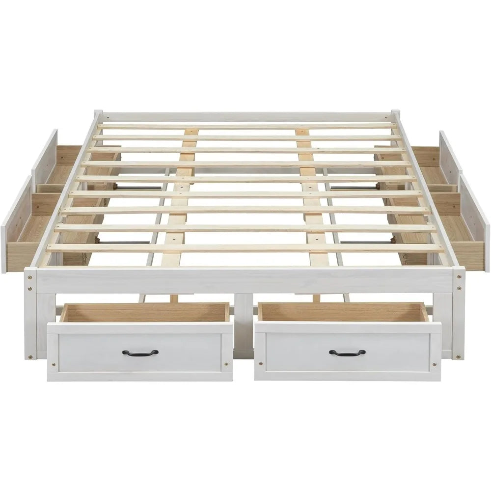 Merax platform bed queen size wooden frame with 6 storage drawers without headboard design wood slat support no box spri