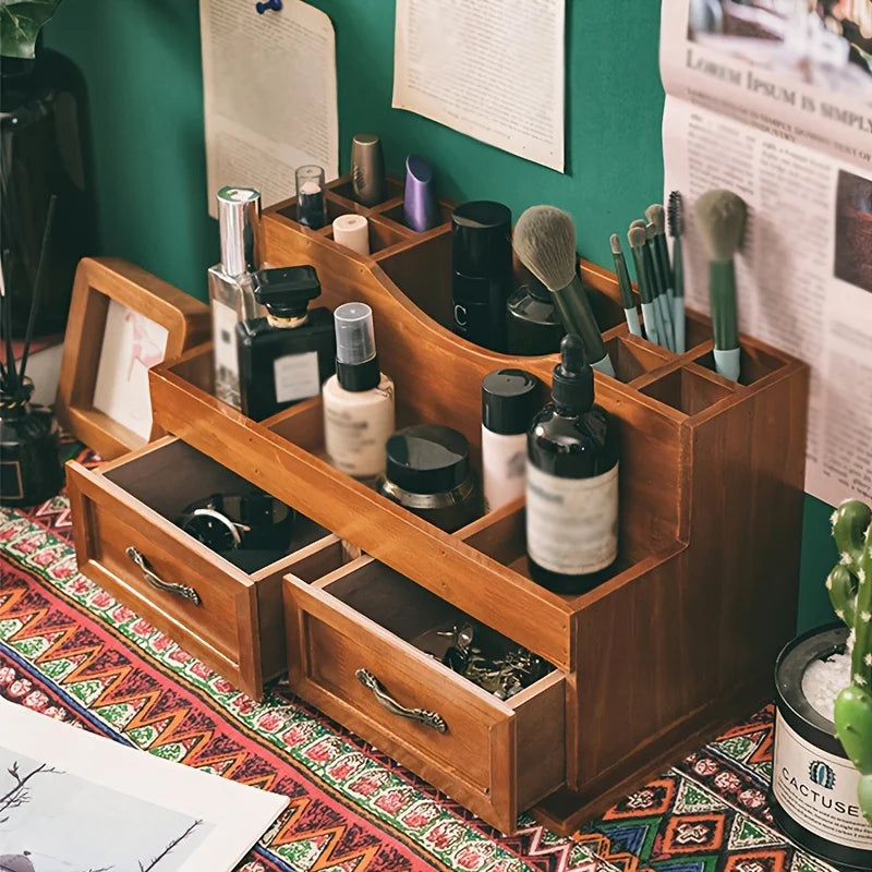 Vintage-inspired wooden desk organizer - multiple compartments for cosmetics & office supplies ideal home decor - wood