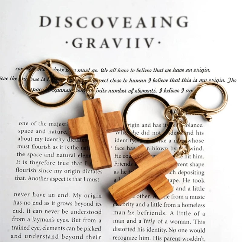Wood cross pendants keychains keyring hanging ornaments olive keychain gift for men women - religious (christian)