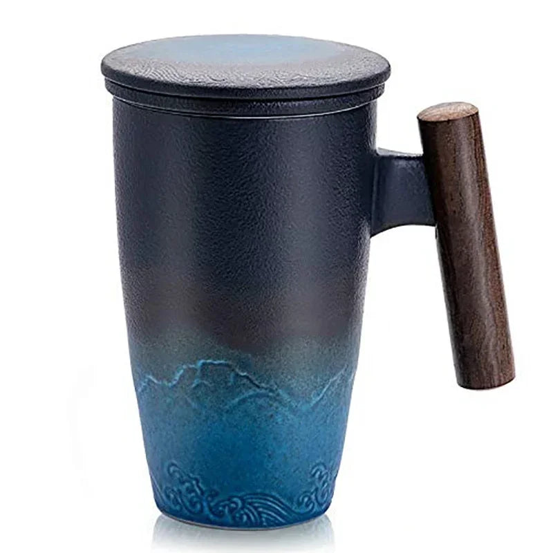 Ceramic tea cup vintage luxury thermal mug with infuser lid coffee mugs beer drinkware wooden handle 400ml personalized