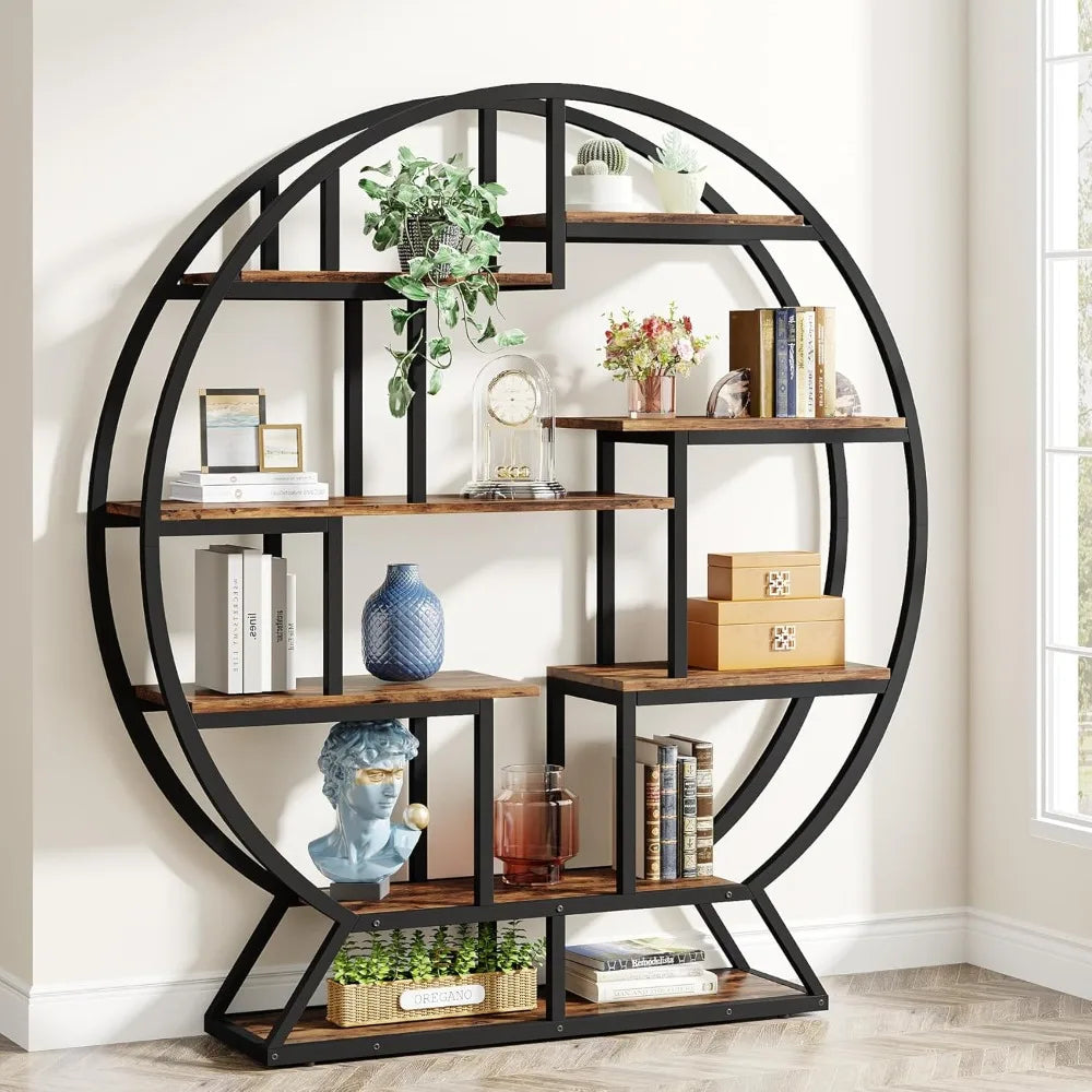 Bookshelf round bookshelves etagere bookcase 63 inch industrial wood book shelf with staggered shelves rustic open
