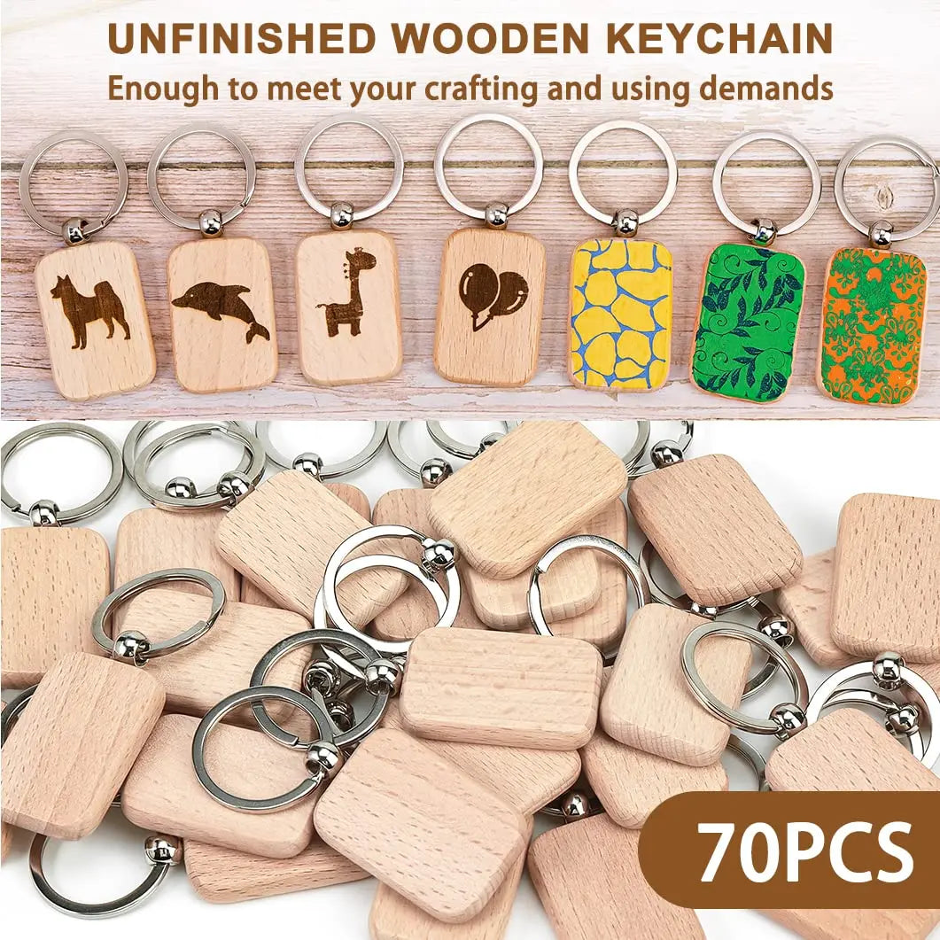 150pcs blank wooden carving key label with loop keychain keytag for diy gift - rectangular / 150 pieces - chain