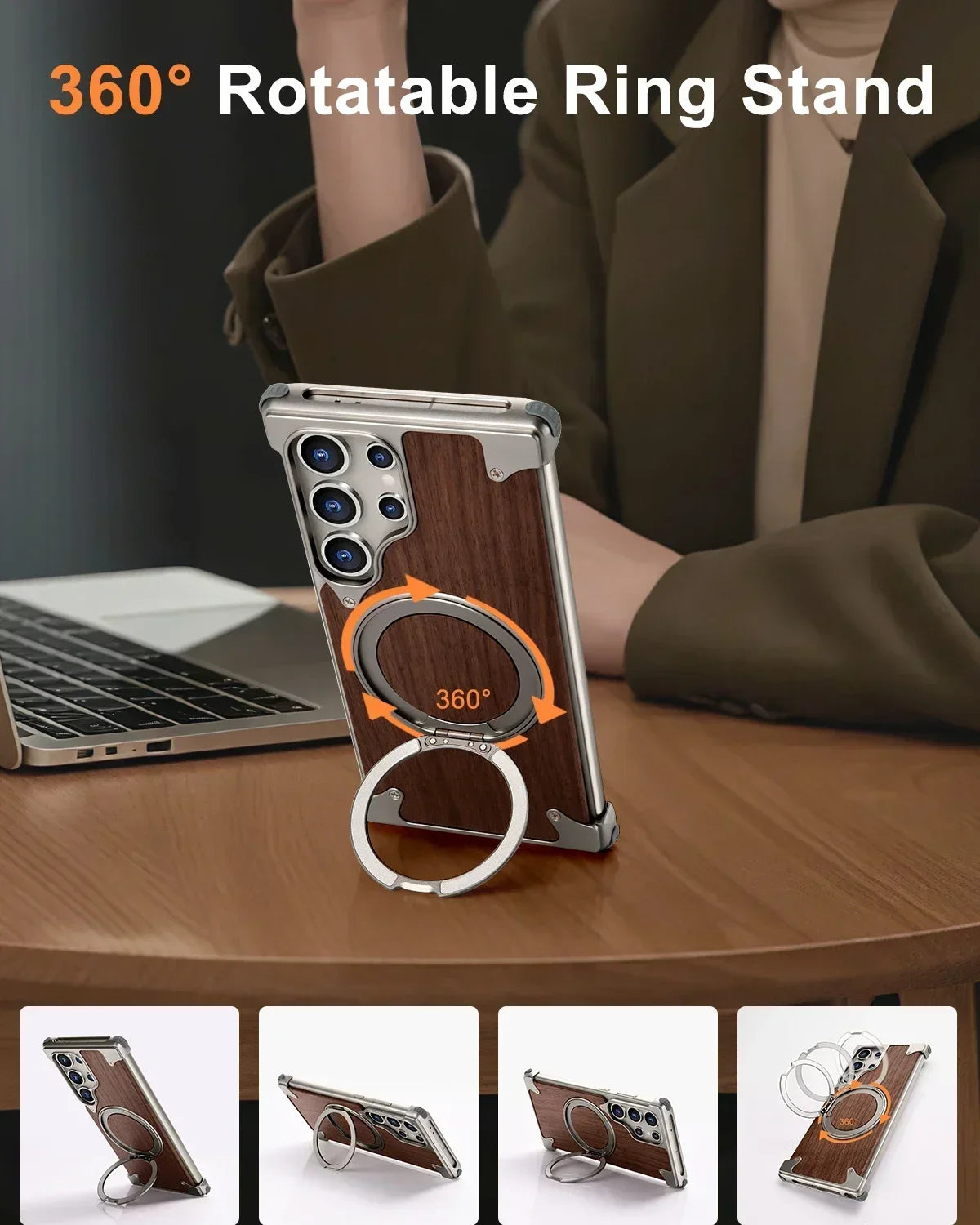 Oatsbasf solid wood phone case for samsung galaxy s25 s24 ultra with magsafe 360° rotatable ring stand protective cover