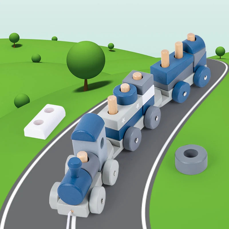 Wooden montessori stacking train set educational toys shape sorter building blocks trolley baby learning gifts