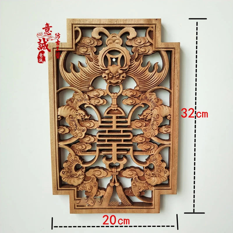 Traditional chinese woodcarving wall hanging camphor wood 3d exquisite dragon phoenix flower carving craft home