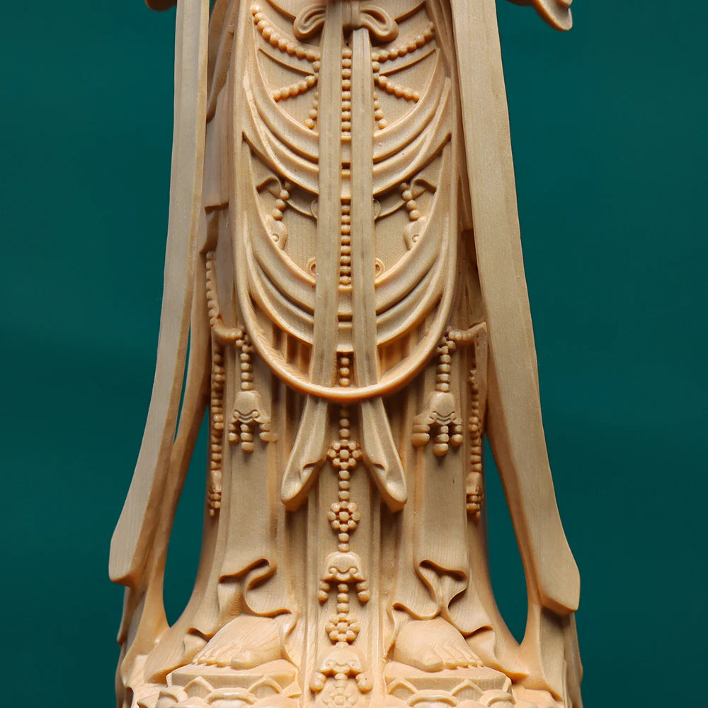 Hand carved hinoki wood standing guanyin kuan yin bodhisattva statue figurine w/ vase lotus base - spiritual temple