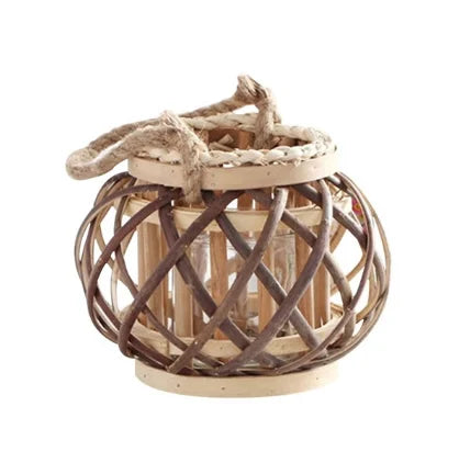 Wicker lantern electronic candle holder hanging windproof crafts festival home decor round wedding vintage wooden