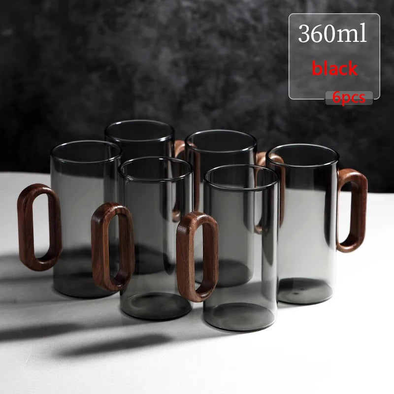 2/4/6pcs glass mug with wooden handle heat-resistant teacup set transparent breakfast milk juice cup home party