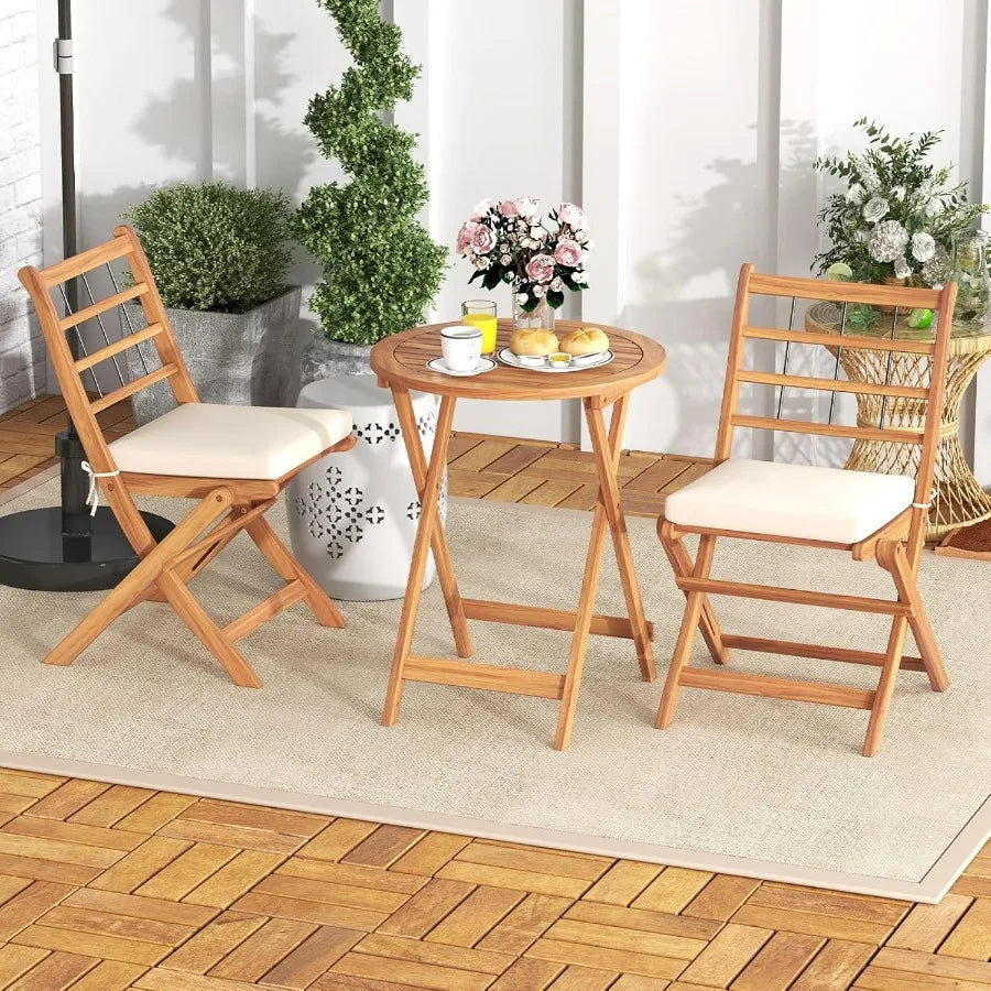 3 pieces acacia wood patio bistro set folding outdoor table and chairs with cushions furniture for porch - united states