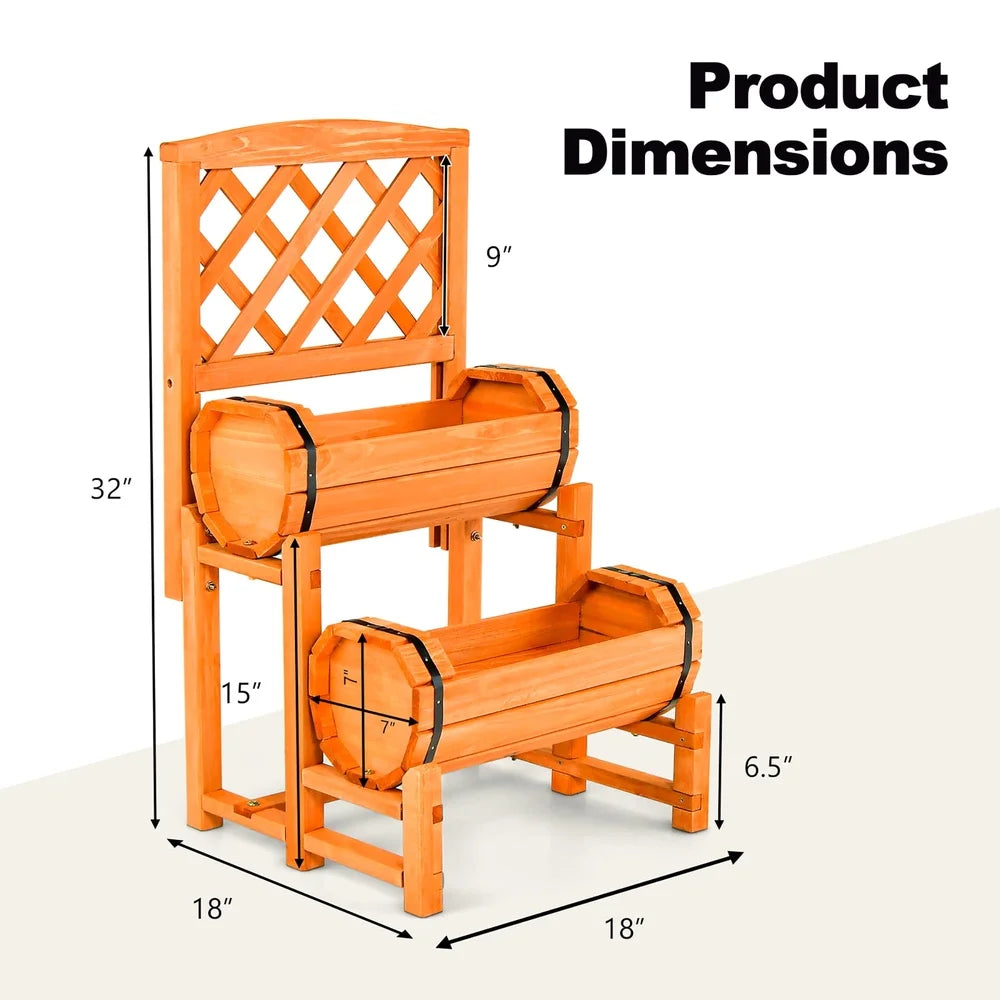 2-tier wooden raised garden bed with 2 cylindrical planter boxes and trellis climbing plants outdoor indoor