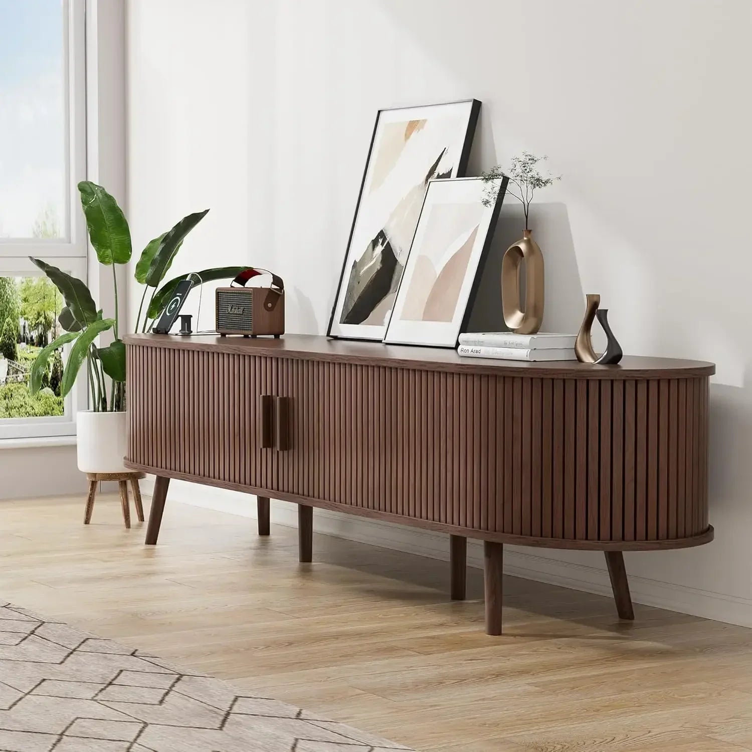 69’’ mid century modern tv stand with charging station,drawer and shelf fluted entertainment center living room bedroom