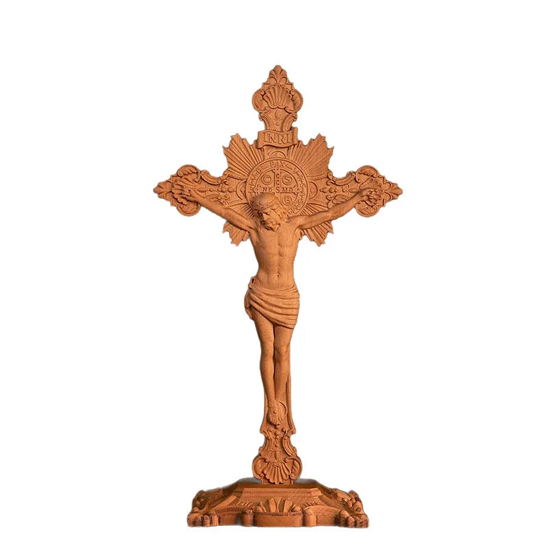 Handmade st. Benedict wooden cross statue religious home altar decor with base carved catholic christian