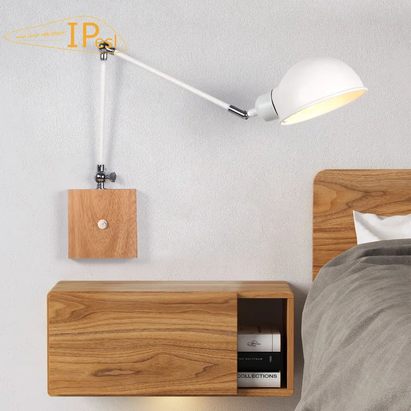 Modern nordic wood wall lamp with switch bedhead bedside lights adjustable bedroom room home decoration e27 110v 220v