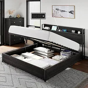 Amerlife king size lift up storage bed frame wooden platform with lifting & charging station no spring box n - united